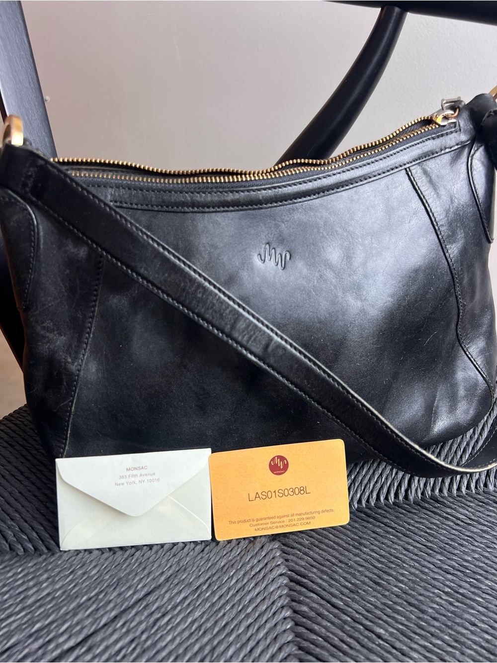 Monsac Black Leather Bag with Gold Hardware